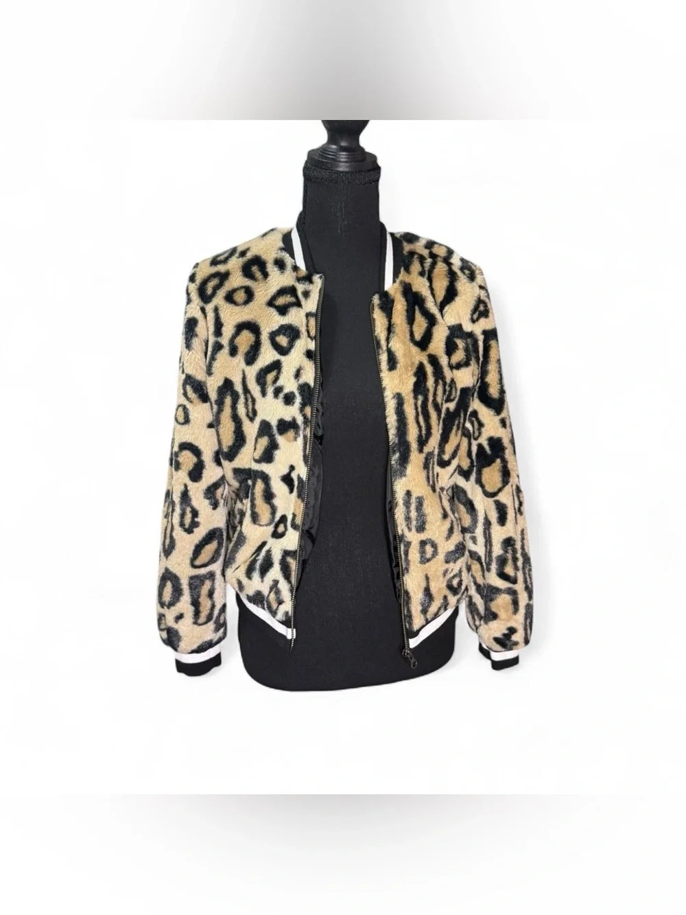 Justice Girls Size 12 Faux Fur Animal Print Zip Bomber Jacket Black Trim